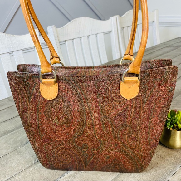 ETRO Paisley Pattern PVC/Leather One-Shoulder Tote Bag Brown/Beige Vintage - Picture 4 of 11
